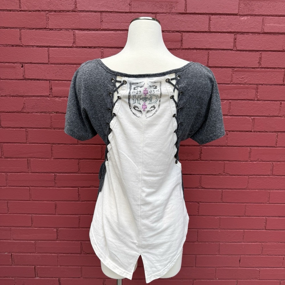 Harley Davidson Lace Up Shirt Womens Size Small Baseball Sleeve‎ Briker Grunge - Picture 2 of 8
